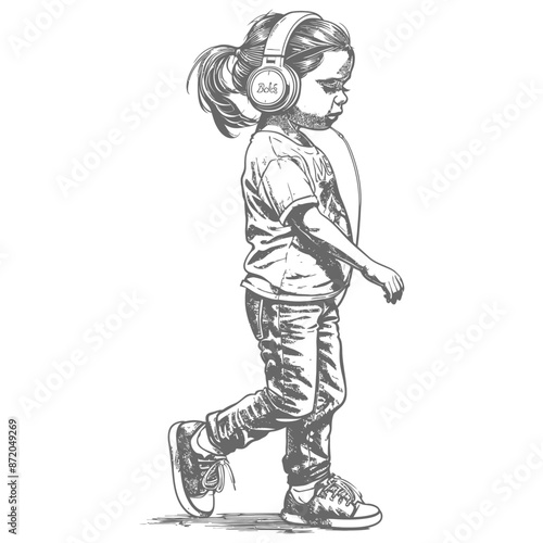 little girl walking listening to headset with engraving style