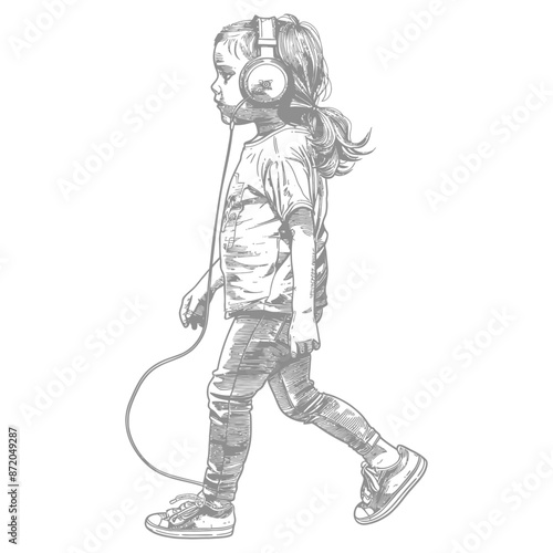 little girl walking listening to headset with engraving style