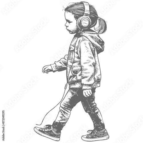 little girl walking listening to headset with engraving style