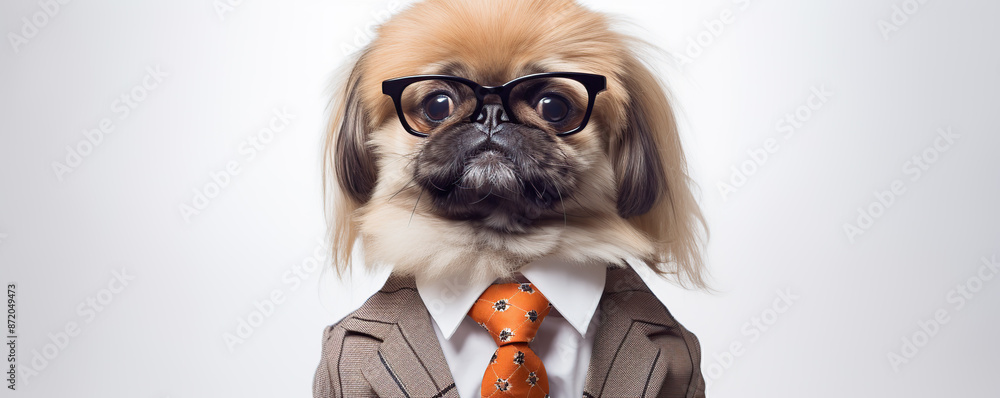A Pekingese Dog Wearing Glasses and a Suit Poses A Pekingese Dog Wearing Glasses and a Suit Poses