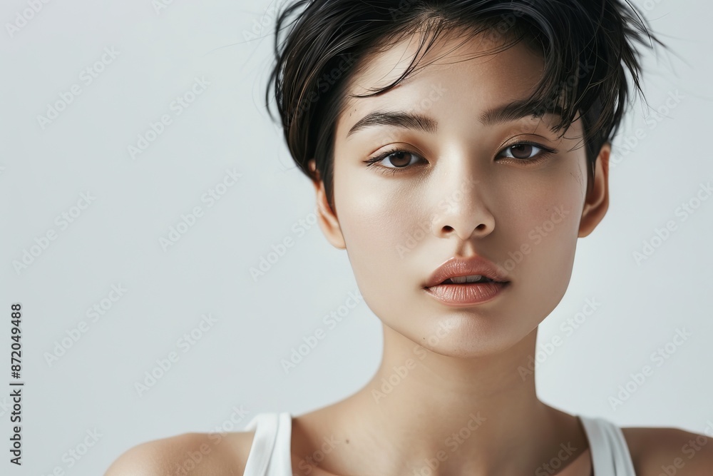 Beautiful young Asian woman practicing skincare. smooth face touches her healthy facial skin. Smiling Asian girl model has natural makeup touches glowing, hydrated skin. Copy space for text Beautiful young Asian woman practicing skincare. smooth face touches her healthy facial skin. Smiling Asian girl model has natural makeup touches glowing, hydrated skin. Copy space for text
