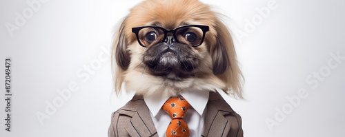 A Pekingese Dog Wearing Glasses and a Suit Poses 