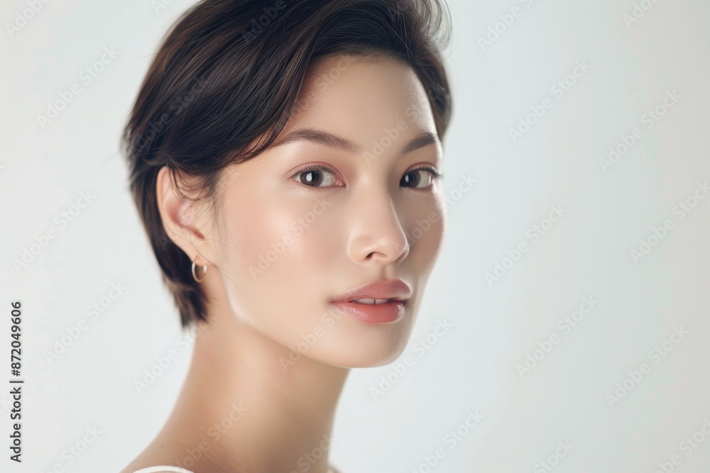 Beautiful young Asian woman practicing skincare. smooth face touches her healthy facial skin. Smiling Asian girl model has natural makeup touches glowing, hydrated skin. Copy space for text