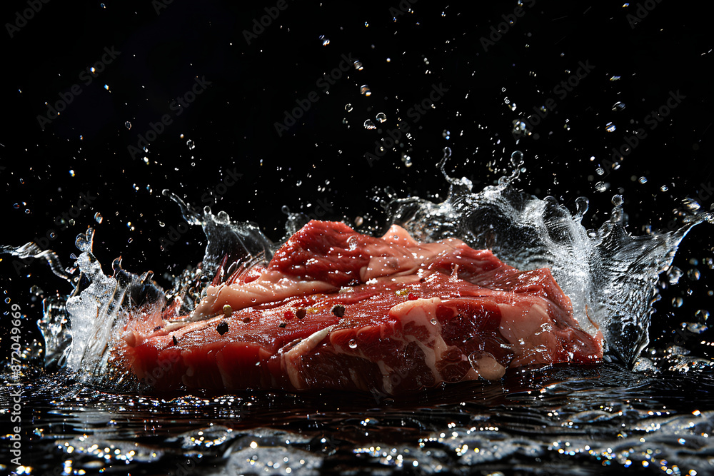 piece of fresh roast beef, Piece of raw roast beef with ingredients, sirloin sinking in water and water splashing around the meat, black background piece of fresh roast beef, Piece of raw roast beef with ingredients, sirloin sinking in water and water splashing around the meat, black background