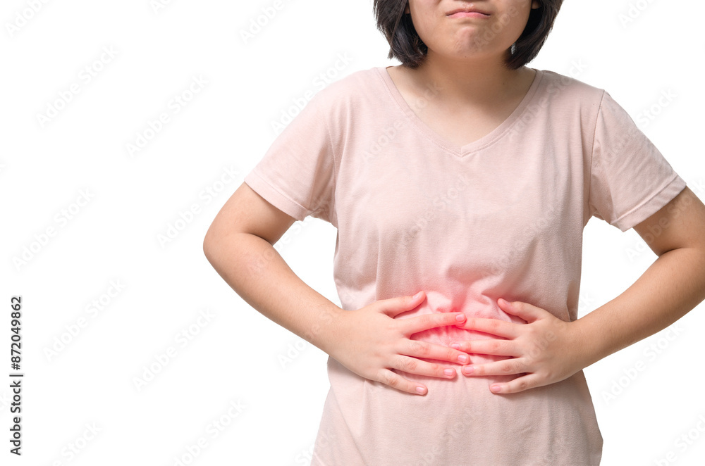 Asian girl having stomach ache, bending and holding hands on belly isolated Asian girl having stomach ache, bending and holding hands on belly isolated