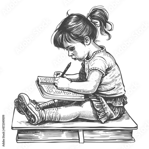 little girl writing on the book sitting on the desk with engraving style