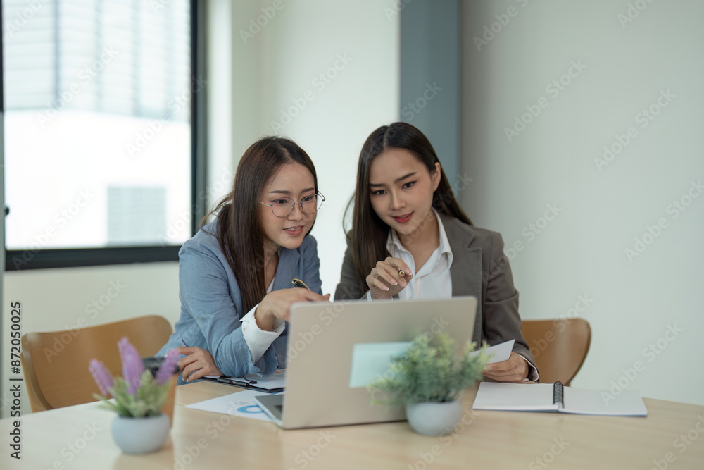 Two Professional Women Collaborating on a Project in a Modern Office Setting Two Professional Women Collaborating on a Project in a Modern Office Setting
