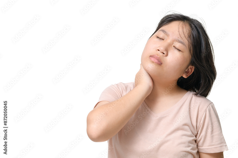 Neck pain. Portrait stressed unhappy young teenager girl woman with back pain, after long school hours studying isolated Neck pain. Portrait stressed unhappy young teenager girl woman with back pain, after long school hours studying isolated