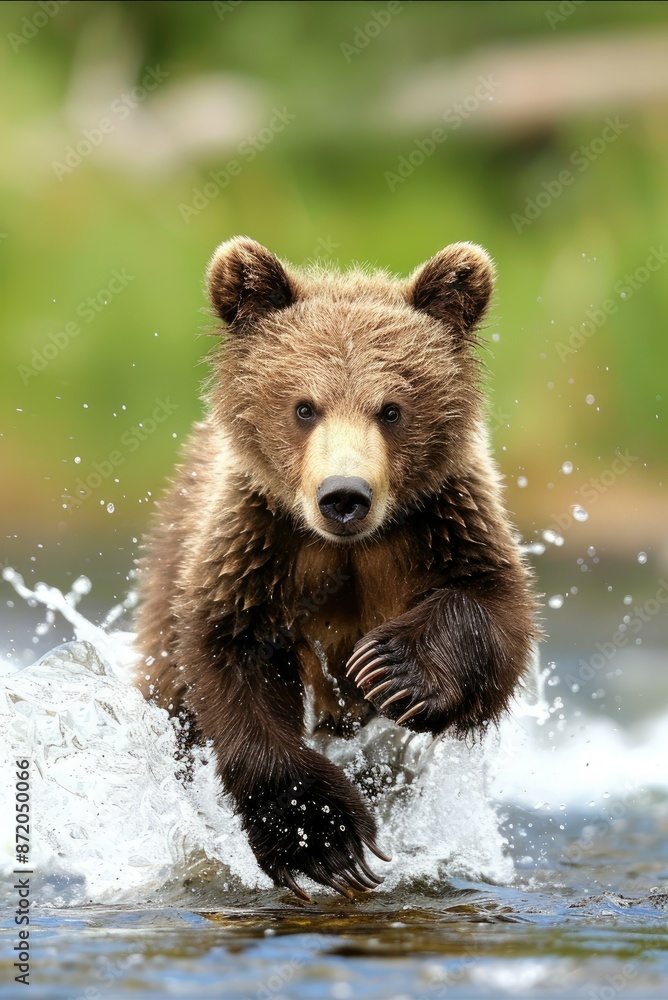 A brown bear cub wades through a river, splashing water as it hunts for fish A brown bear cub wades through a river, splashing water as it hunts for fish