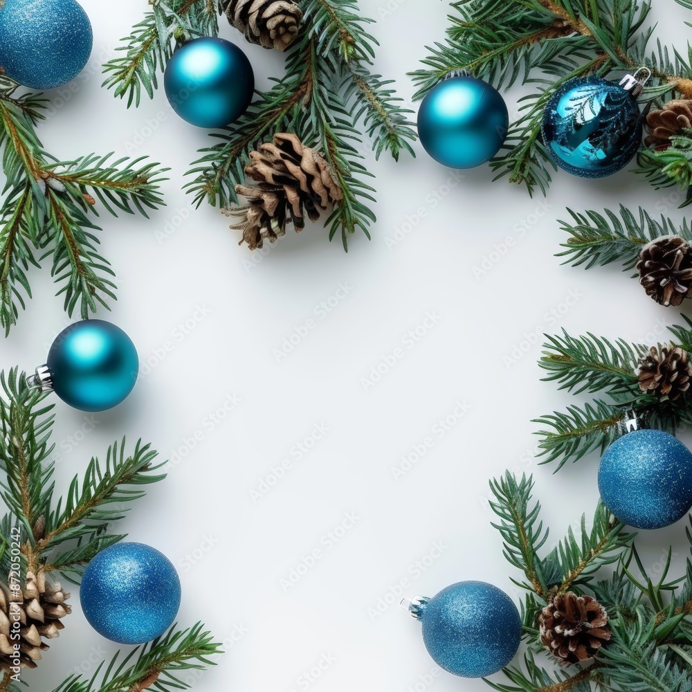 Festive Season: Pine Branches and Blue Ornaments Festive Season: Pine Branches and Blue Ornaments