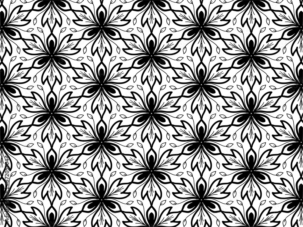 Monochrome geometric seamless pattern. Vector decorative black and white ethnic shapes, arabic, islam ornament. Modern repeat hexagonal tiles for wallpaper, fill, web page background, surface textures Monochrome geometric seamless pattern. Vector decorative black and white ethnic shapes, arabic, islam ornament. Modern repeat hexagonal tiles for wallpaper, fill, web page background, surface textures