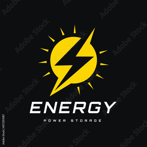 Lightning Element Inside a Yellow Circle with Sunlight Surrounding It. This logo is for an Energy Storage Company, Renewable Energy, or electric power technology