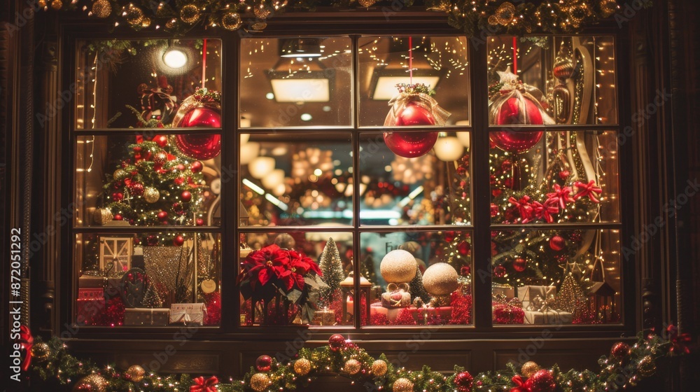 Fototapeta premium Christmas storefront window with decorations.