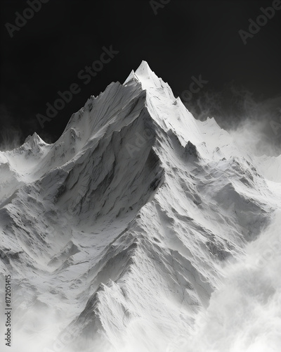 Professional monochrome photography of a snowy mountain peak. Graphic black and white poster of a snow covered mountain range. Landscape shot for interior painting. photo