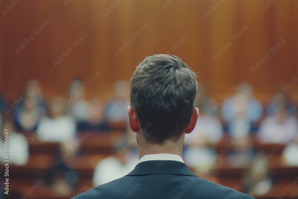 A person addressing an audience from a podium. A person addressing an audience from a podium.