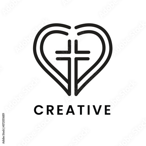 Heart symbol logo with thick black lines that form a heart shape with a cross in the middle. This design is very suitable for o charity activities, church services
