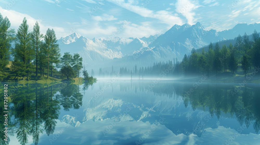 Calm lake with reflections of trees and mountains, designed with a copy space area for banners. Calm lake with reflections of trees and mountains, designed with a copy space area for banners.