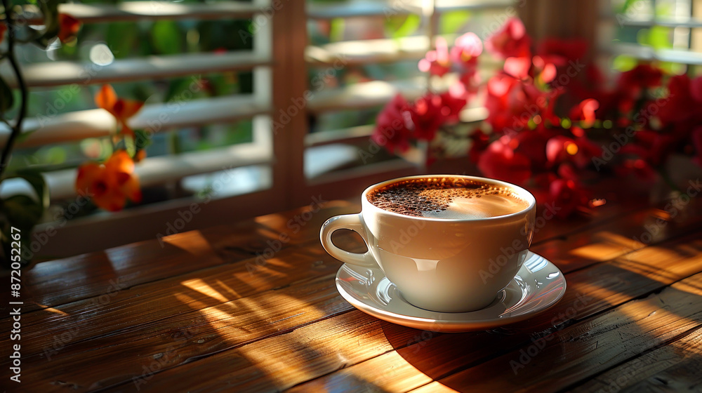 Fototapeta premium a closeup cup of coffee near window on morning theme nature