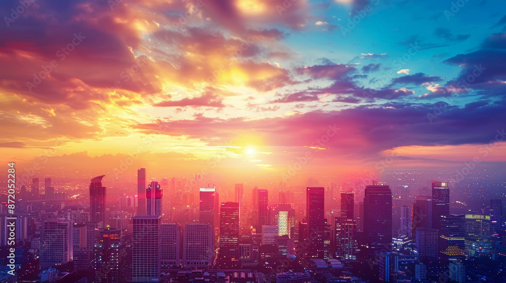 Obraz premium A vibrant city skyline at sunset with ample copy space for text, ideal for stock photos and sale banners.