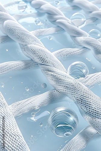 A close up of a white rope with water droplets.