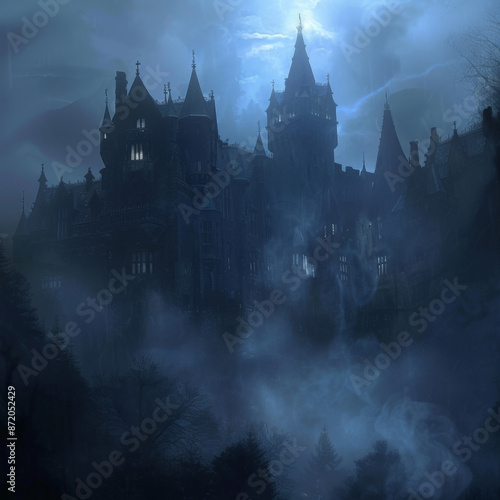 Spooky old gothic castle, foggy night, haunted mansion