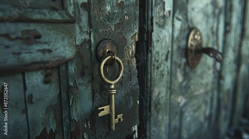 vintage brass key, dark atmosferic photo, in the door