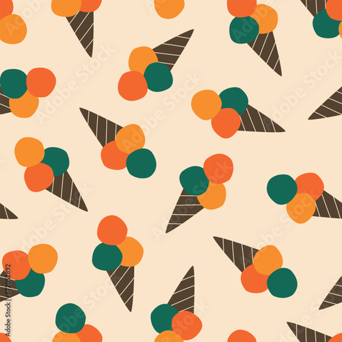 Colorful ice cream in a waffle cone hand drawn vector illustration. Summer sweets in flat style seamless pattern for kids fabric or wallpaper.