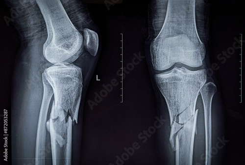 X ray image showing comminuted fracture of upper part of shaft of tibia  photo