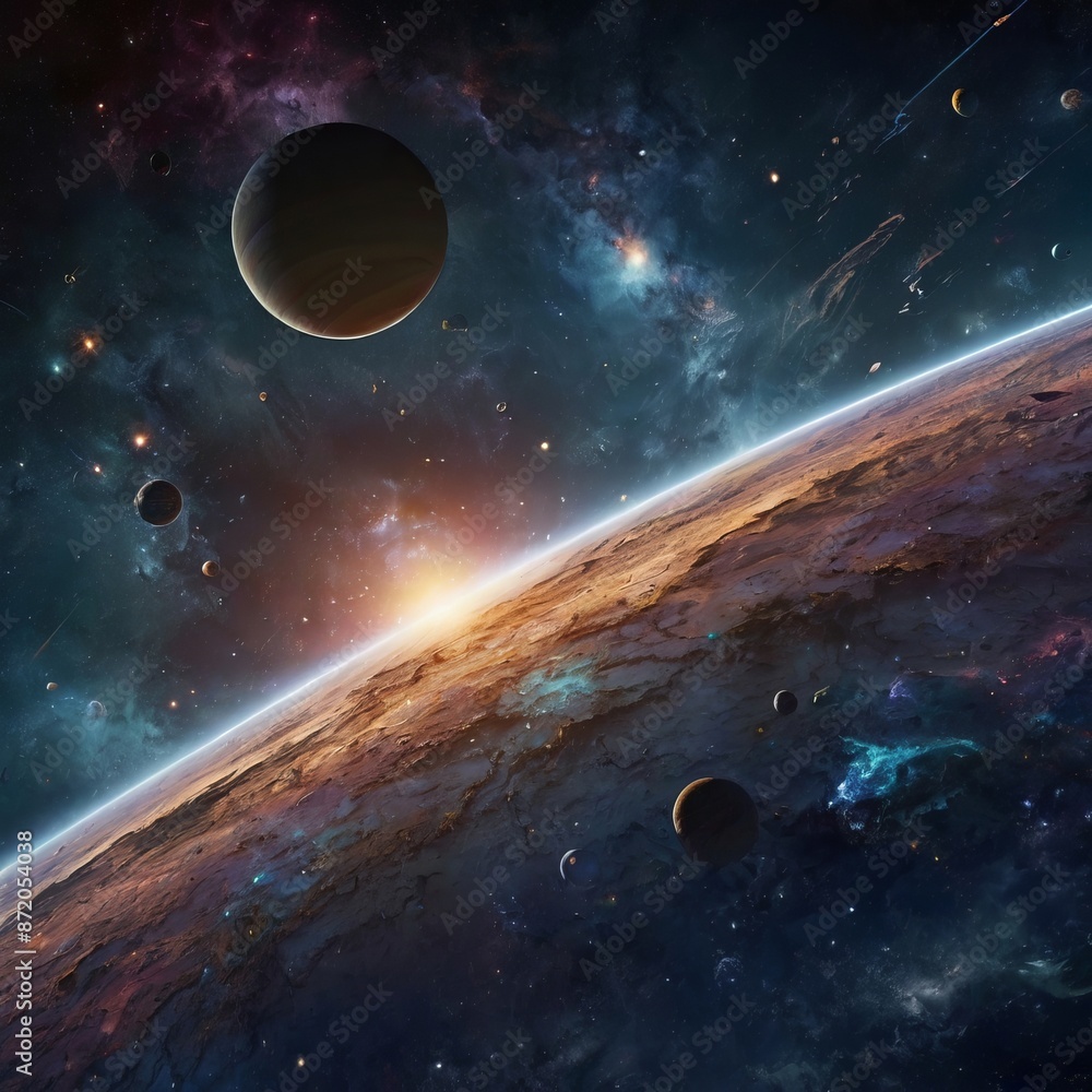 Obraz premium Planetary Cluster with Celestial Spiral in Galactic Cosmos