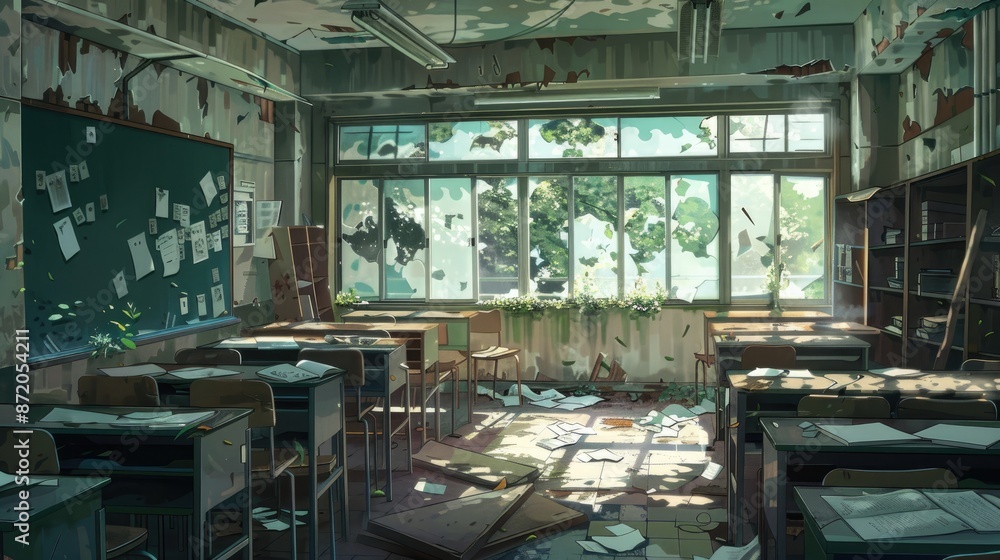 Surreal anime art of a deserted classroom, with scattered papers, broken windows, and a sense of melancholy beauty in its abandonment Surreal anime art of a deserted classroom, with scattered papers, broken windows, and a sense of melancholy beauty in its abandonment
