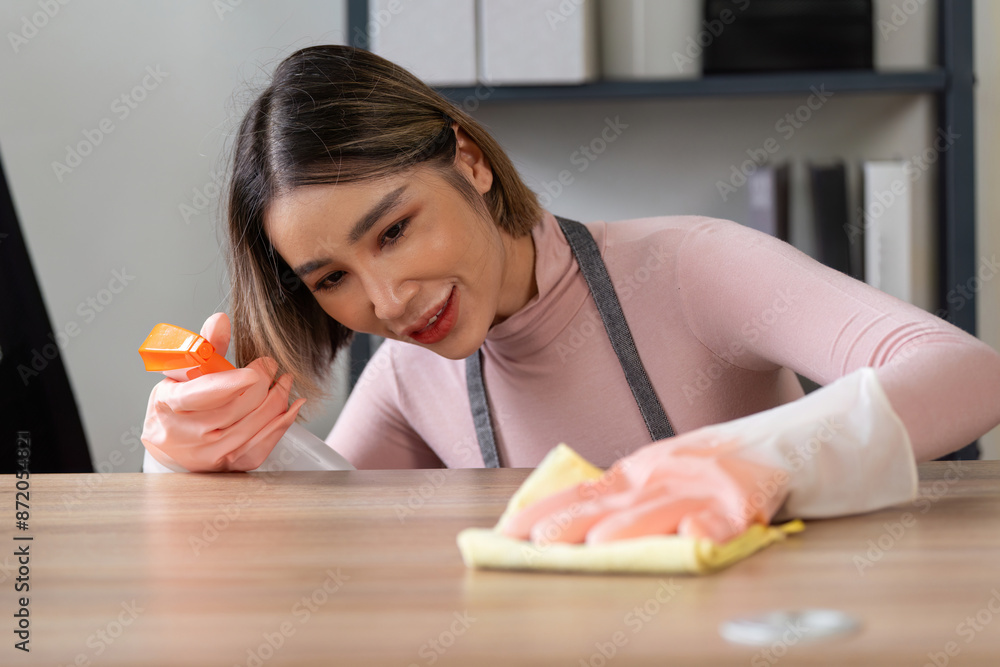 Woman Cleaning Wooden Surface with Spray Bottle and Cloth in Modern Home Interior Woman Cleaning Wooden Surface with Spray Bottle and Cloth in Modern Home Interior