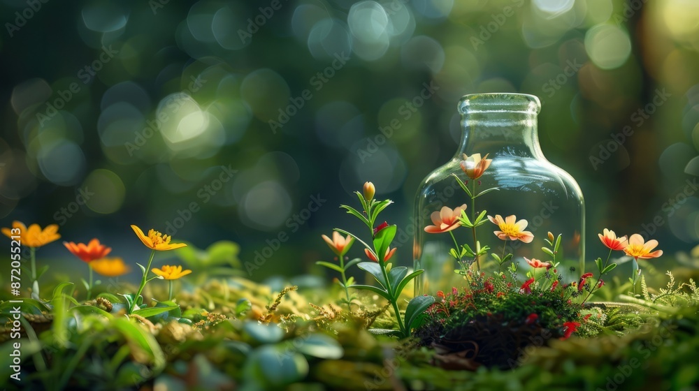 Magical landscape with garden in bottle Magical landscape with garden in bottle