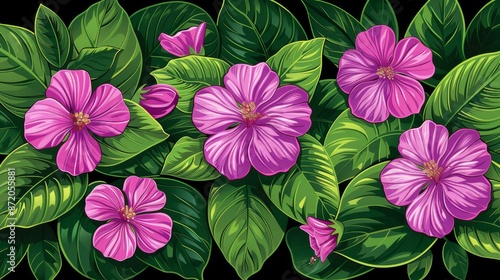 Vibrant Pink Flowers with Green Leaves Background