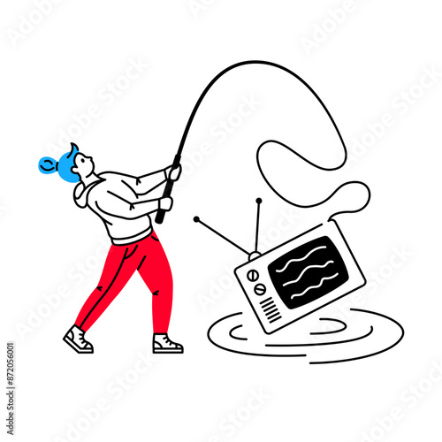 Woman catching an old tv while fishing