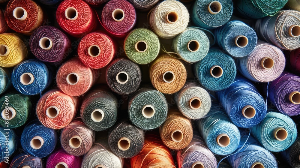 Top view of a diverse assortment of thread spools in vivid colors, arranged neatly to inspire sewing enthusiasts and artisans Top view of a diverse assortment of thread spools in vivid colors, arranged neatly to inspire sewing enthusiasts and artisans