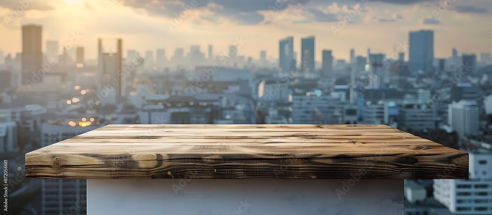 Fototapeta premium Wooden table with a white box podium, blurred cityscape backdrop, perfect for product display mockups.