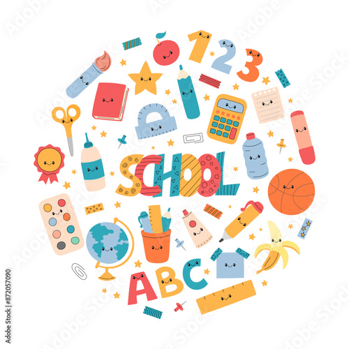 School supplies round design set. Vector circle shaped illustration of funny educational characters pen, book, ruler, letters, numbers. Cute school lettering and office stationery elements