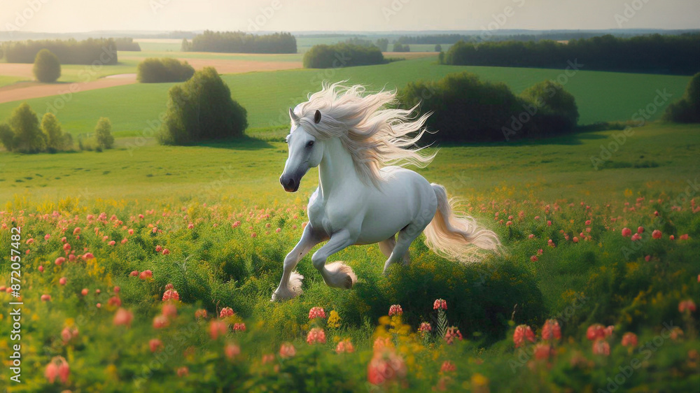 A magnificent stallion gallops freely across a vast green pasture, his mane flowing in the wind. A magnificent stallion gallops freely across a vast green pasture, his mane flowing in the wind.