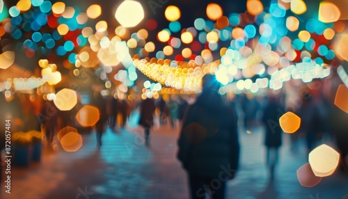 Blurred crowd at outdoor festival with vibrant bokeh lights creating lively atmosphere photo