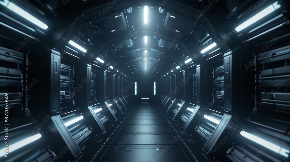 A 3D image of a dark, mysterious tunnel in space. The tunnel is futuristic and shaped like a spaceship corridor. It represents information technology, digital technology, and geometric shapes. A 3D image of a dark, mysterious tunnel in space. The tunnel is futuristic and shaped like a spaceship corridor. It represents information technology, digital technology, and geometric shapes.