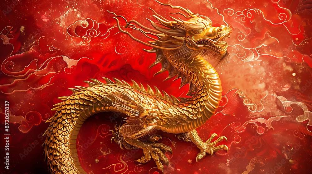 Magnificent golden dragon set against a vibrant red festive background, captured in stunning HD detail Magnificent golden dragon set against a vibrant red festive background, captured in stunning HD detail