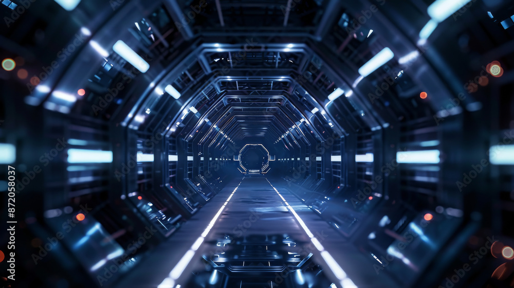 A 3D image of a dark, mysterious tunnel in space. The tunnel is futuristic and shaped like a spaceship corridor. It represents information technology, digital technology, and geometric shapes. A 3D image of a dark, mysterious tunnel in space. The tunnel is futuristic and shaped like a spaceship corridor. It represents information technology, digital technology, and geometric shapes.