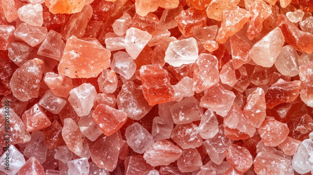 Top view of Himalayan pink crystal salt crystals piled gracefully, showcasing their natural hues and mineral-rich composition Top view of Himalayan pink crystal salt crystals piled gracefully, showcasing their natural hues and mineral-rich composition
