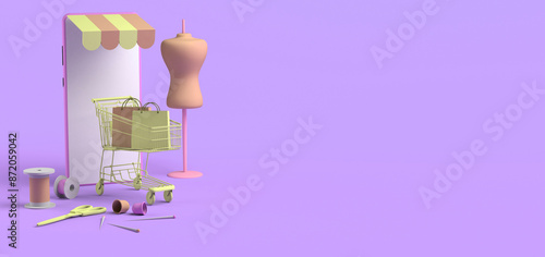Online clothing design store concept with smartphone and mannequin. Copy space. 3D illustration.