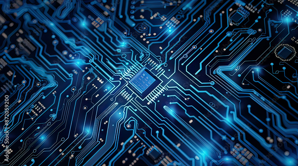 Fototapeta premium Blue circuit board with waves flow quantum computer technologies modern technology texture quantum explosion futuristic background 