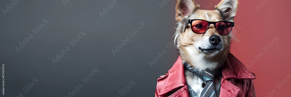 © john - Cool looking dog wearing funky fashion dress - jacket, tie, glasses. Wide banner with space for text right side. Stylish animal posing as supermodel. © john - Cool looking dog wearing funky fashion dress - jacket, tie, glasses. Wide banner with space for text right side. Stylish animal posing as supermodel.