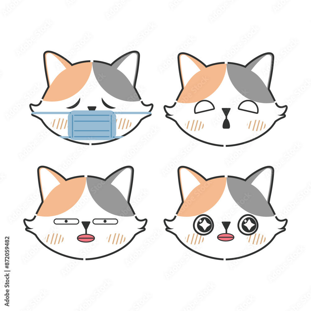 Fototapeta premium Vector set of kawaii cute cat stickers Isolated on white background
