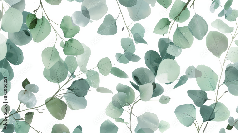 A wallpaper or wrapping paper with a repeating design of eucalyptus leaves and branches. The design is simple but elegant, with the leaves and branches forming a silhouette against a white background. A wallpaper or wrapping paper with a repeating design of eucalyptus leaves and branches. The design is simple but elegant, with the leaves and branches forming a silhouette against a white background.