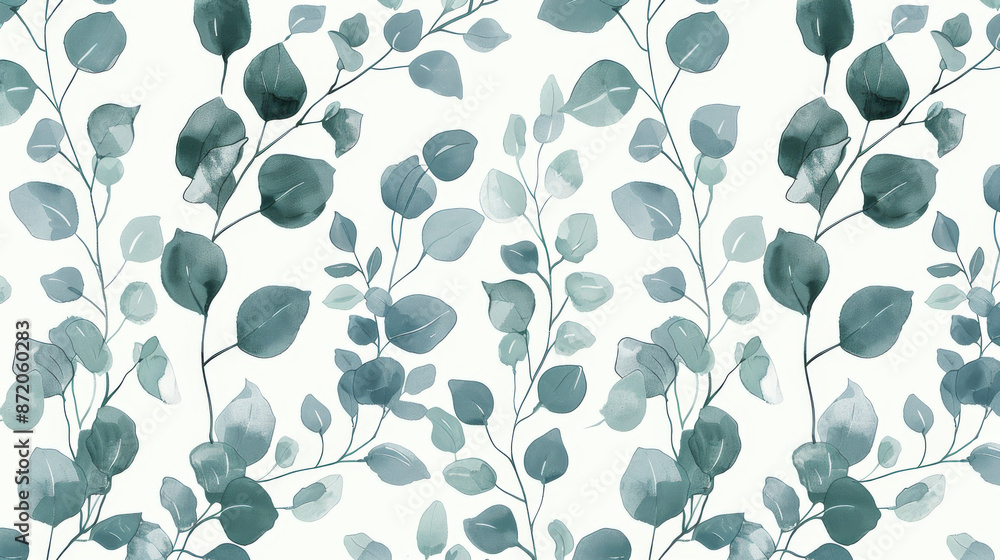 A wallpaper or wrapping paper with a repeating design of eucalyptus leaves and branches. The design is simple but elegant, with the leaves and branches forming a silhouette against a white background. A wallpaper or wrapping paper with a repeating design of eucalyptus leaves and branches. The design is simple but elegant, with the leaves and branches forming a silhouette against a white background.