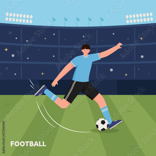 축구 경기장에서 공을 차는 축구 선수 일러스트.